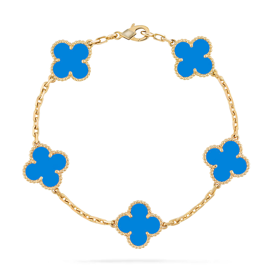 Lắc tay Vintage Alhambra Blue Agate 5 motifs 15mm 18K BBD004-VCA
